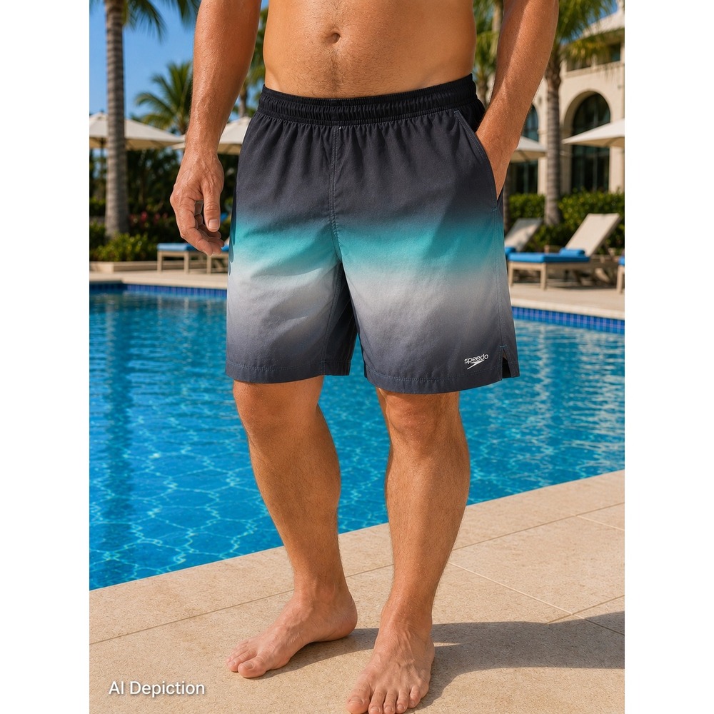Speedo Men's L Swim Trunks Gray Aqua Ombre Lined Beach Pool Shorts